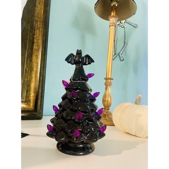 Halloween Lighted Black Tree Purple Lights Bat Tree Topper Ceramic 9” - Picture 2 of 2